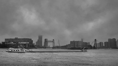 Uitzicht op Noordereiland en de drie bruggen van Rotterdam